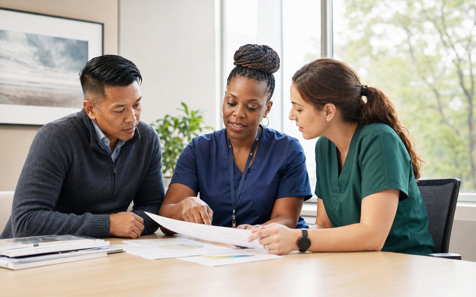 A diverse E-Care team reviewing a care plan